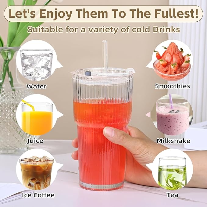 20oz Glass Cups with Lids and Straws,1PCS Ribbed Glass Tumbler with Straw and Lid,Reusable Iced Coffee Cups Drinking Glasses for Juice Whiskey Cocktail
