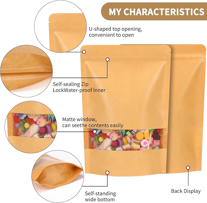 Moretoes 72pcs 7x10In Kraft Paper Resealable Bags with Window for Business | Stand Up Pouches, Ziplock Bags with Window, Home & Small Business Packaging for Granola, Coffee, Snacks, Herbs, Dried Goods - Image 3