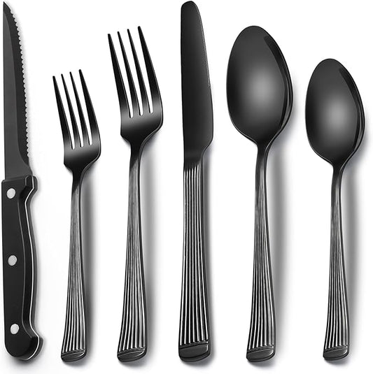 EWFEN 24-Piece Black Silverware Set with Steak Knives, Black Flatware Set for 4, Food-Grade Stainless Steel Tableware Cutlery Set, Mirror Finished Utensil Sets for Home Restaurant, Roman Column by EWFEN
