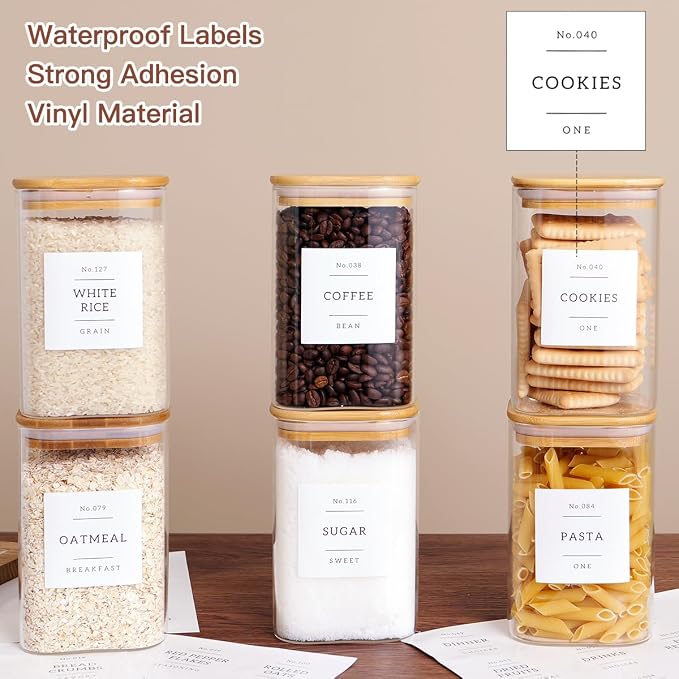 CZZGSM 6 Pack Square Kitchen Storage Jars with Airtight Bamboo Lids and 132 Pantry Labels - 35oz Glass Canisters With Wood Lids - Food Storage Containers for Coffee, Cookie, Tea, Spice - Image 3