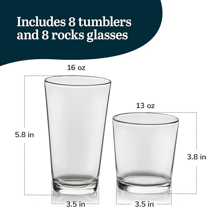 Libbey Flare Rocks, Glass Tumbler Set, Stylish Lead-Free Drinking Glasses Set of 16, Dishwasher-Safe Glass Cups Set for Daily Use and Parties - Image 3