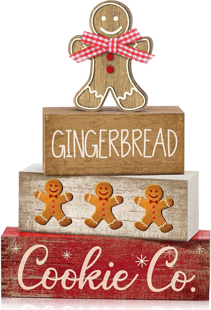 Moucuny 4 Pcs Christmas Table Decor Gingerbread Man Decoration Christmas Centerpiece Winter Tiered Tray Decor Rustic Gingerbread Block Signs Gift Winter Table Decoration for Xmas Party Kitchen Home by Moucuny