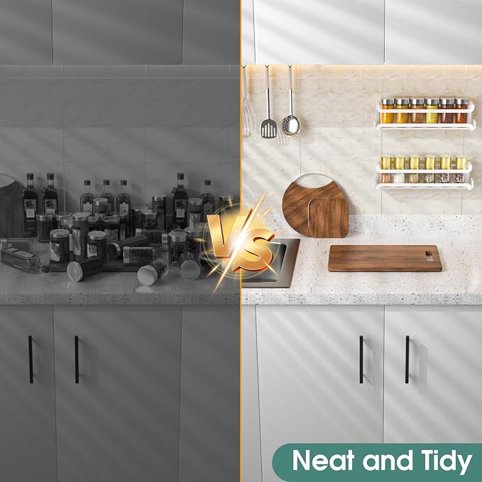 LUCYCAZ 2 Pack Wall Mounted Spice Rack for Spice Jars & Seasonings (White) | 8 Metal Hooks, Space-Saving,Screw or Adhesive Spice Shelf Hanging,for Kitchen Cabinet,Pantry Door,RV,Camper Spice Orgnaizer - Image 7