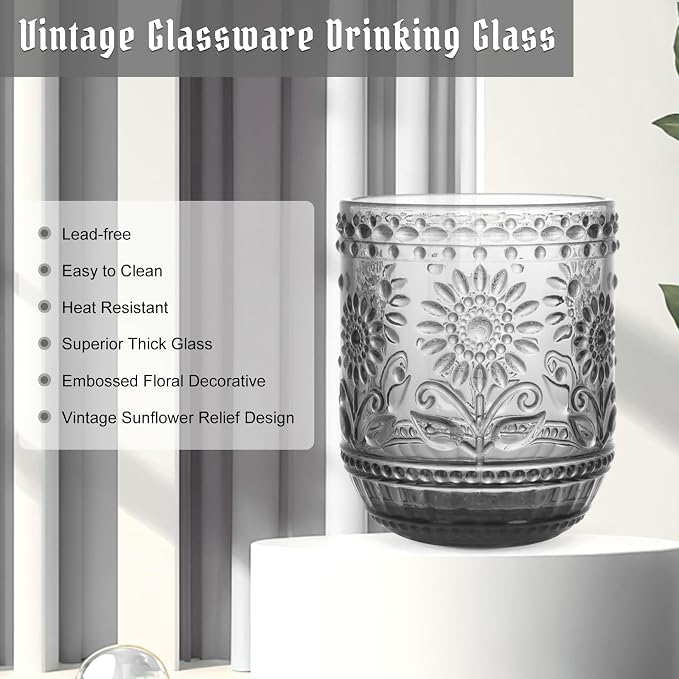 Topsky Vintage Drinking Glass Set of 4,12 oz Embossed Floral Drinkware Set,Gray Drinking Glasses Cups Wine Glasses Colored Glassware for Whisky,Beer,Juice,Cocktail,Heavy Duty - Image 5
