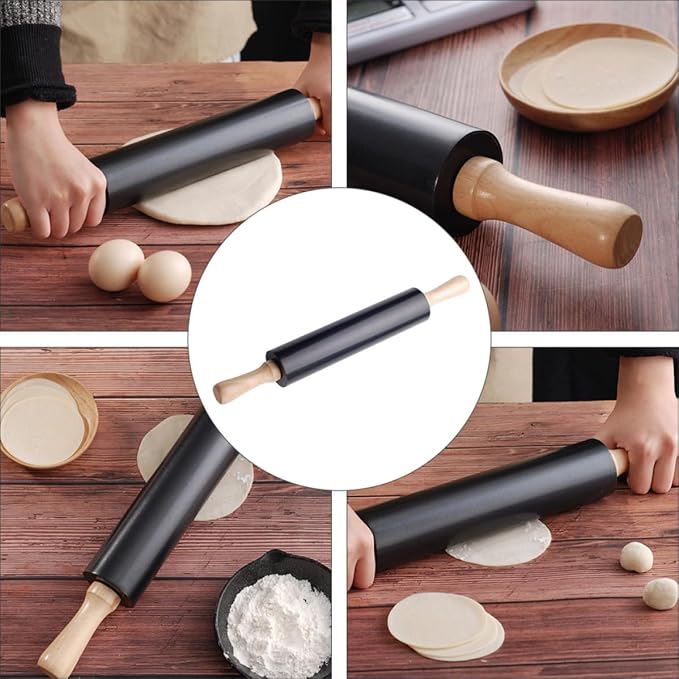 Black Smooth Surface Dough Rolling Pin Non-stick Wooden and Alloy Baking Tool for Kitchen Use and Bread Making - Image 7