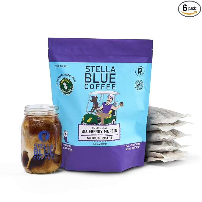 Stella Blue Cold Brew Coffee Bags, Blueberry Muffin, Medium Roast Ground Coffee, Smooth, Bold and Refreshing 100% Arabica, 6 Brew Packets, Makes 24 Cups, Rainforest Alliance Certified