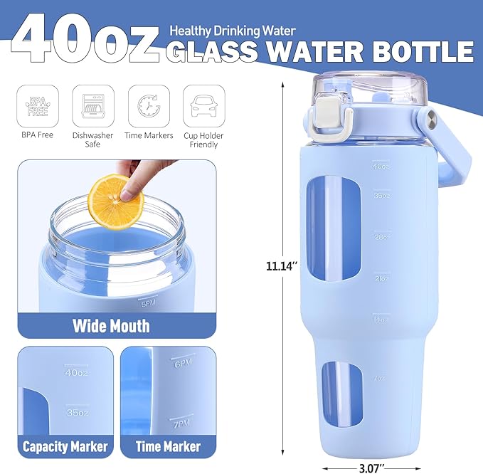BLUEGO 40oz Glass Tumbler with Lid and Straw, Glass Water Bottles with Handle, Glass Cup with Time Marker and Silicone Sleeve, Fits Most Cup Holder, Leak-proof, Blue