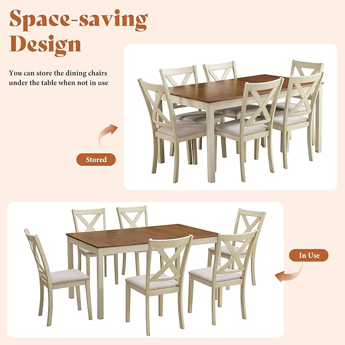 AMERLIFE 7-Piece Farmhouse Solid Wood Dining Table Set for 6, Rustic Cream | 60" Solid Wood Table, 6 Upholstered Chairs, Space-Saving Design, Rustic Dining Set, Dining Room and Kitchen Use - Image 6