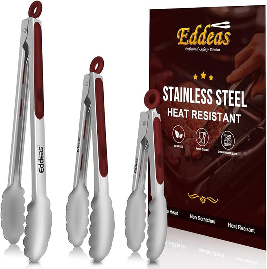 Eddeas Tongs For Cooking - 7",9" and 12 inch Kitchen Tong Heat Resistant 600 Degrees Stainless Steel Tongs, Heavy Duty Metal Locking Tong, Perfect for Food, BBQ Red Set of 3 by Eddeas