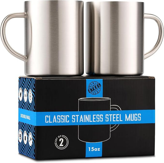 Stainless Steel Coffee Mugs – 15 oz Double Wall Stainless Steel Mugs with Handle, Metal Coffee Cups for Tea, Insulated Mug Set of 2 – BPA Free, Durable, Unbreakable Metal Coffee Mugs for Camping by RDS