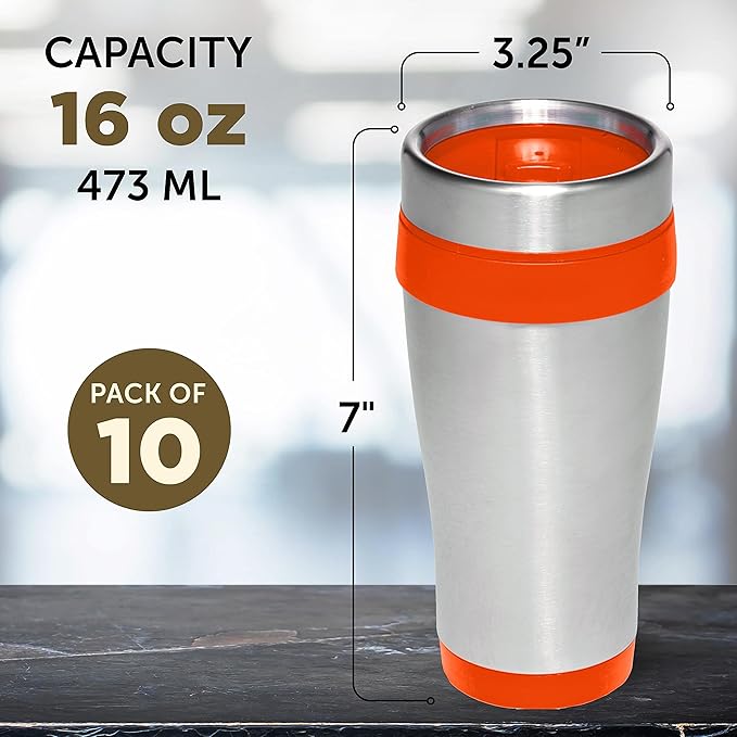 DISCOUNT PROMOS Insulated Stainless Steel Travel Mugs 16 oz. Set of 10, Bulk Pack - Perfect for Coffee, Soda, Other Hot & Cold Beverages - Orange