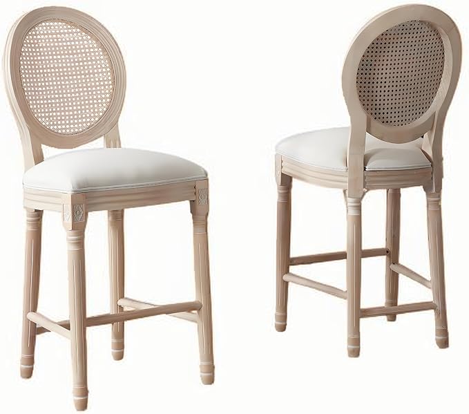 French Country Barstool, Linen Farmhouse Counter Height Chair | Set of 2, with Rattan Round Back and Solid Wood Legs, Oval Chairs for Restaurant, Bar, Kitchen, Café,Beige by RCDDFurniture