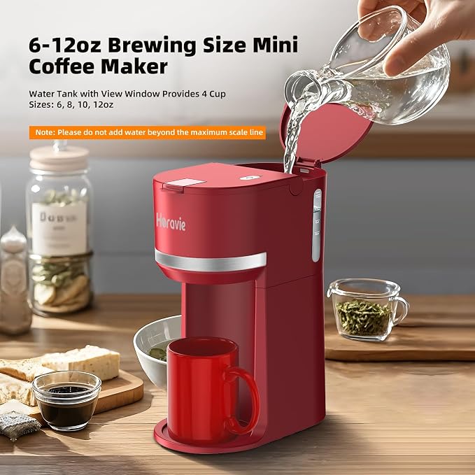 Horavie Mini Single Serve Coffee Maker for K-Cup Pods and Grounds, Fast Brew One Cup Coffee Machine with Descaling Reminder and Water Window, 6 to 12 oz. Brew Sizes, Red - Image 5