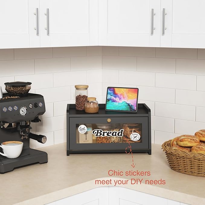 Goozii Black Bread Box for Kitchen Countertop, Small Vintage Counter Top Breadbox, Homemade Bread Storage Container for Sourdough Loaf, Farmhouse Wooden Corner Kitchen Counter Organizer for Cabinet - Image 4