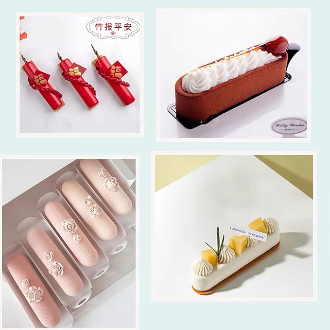 Ellipse Eclair Silicone Mold for Baking Mousse Cake, 3D Silicone Baking Mold for Cakes French Dessert Mold for Pastry Chocolate Brownie Molds, Cake Decoration, 3D Eclair Shape (8-Cavity)