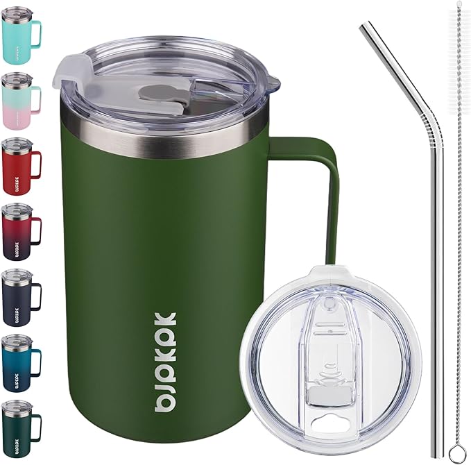 BJPKPK 25oz Insulated Coffee Mug with Handle, Stainless Steel Travel Mug | Keeps Drinks Hot & Cold, Double Wall Vacuum, 2 Lids Included, BPA-Free Coffee Tumbler for Home, Office & Travel by BJPKPK