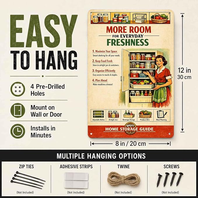 Vintage Kitchen Pantry Organization Guide Metal Sign, 8X12 Inch, Aluminum, Retro Food Storage Knowledge Wall Decor, for Home Dining Room - Image 3