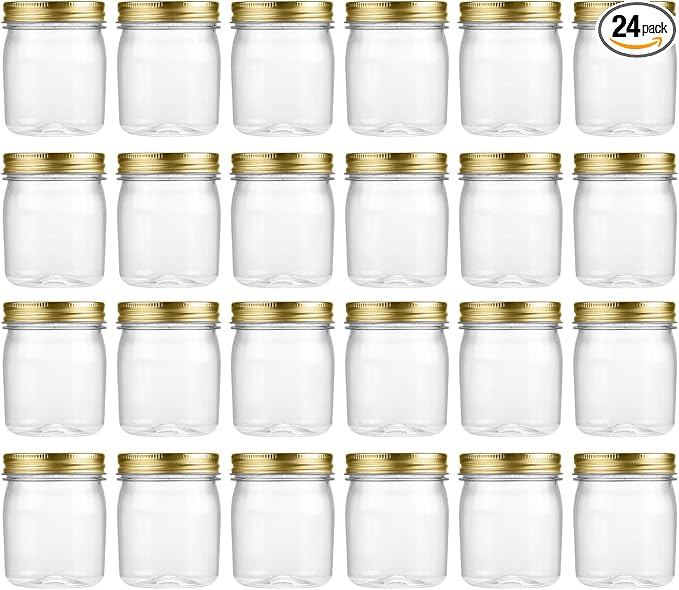 novelinks 8 oz Plastic Mason Jars and Clear Plastic Jars with Lids 8 oz | 24 Pack, Gold, Plastic Containers with Lids, Small Mason Jars, Clear Jars Bulk, Spice Jars, Slime Jars, Mini Jars by novelinks