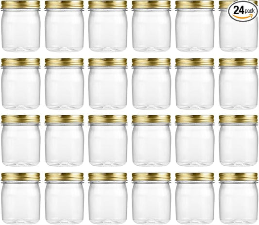 novelinks 8 oz Plastic Mason Jars and Clear Plastic Jars with Lids 8 oz | 24 Pack, Gold, Plastic Containers with Lids, Small Mason Jars, Clear Jars Bulk, Spice Jars, Slime Jars, Mini Jars by novelinks