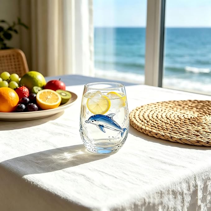 Artisanal Blue-Ringed Octopus Glassware, 3D Stemless Wine Glasses, Handcrafted Marine Bar Glasses with Exquisite Relief Patterns, for Seaside-Style Home Decor (Dolphin) - Image 3