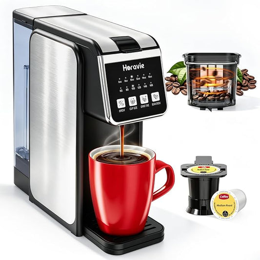 Horavie Single Serve Coffee Maker with Built-in Grinder, Fast Brew 6-16oz Single Cup for Whole Beans, Grounds, K Pod, Grind and Brew Coffee Maker with 47oz Water Tank, Descaling Alert, Black by Horavie