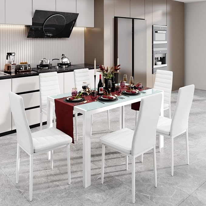 Gizoon White 7 Piece Glass Dining Table Set, Kitchen Table and Chairs Set | PU Leather Modern Dining Room Furniture,Dining Table Sets,Space Saving Table and Chairs Set for Home, Kitchen, Living Room - Image 2