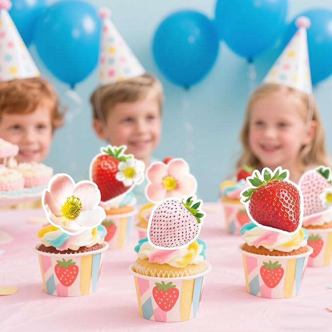 72Pcs Edible Strawberry Cupcake Toppers Wafer Paper Strawberry Flower Bridal Engagement Baby Shower Kids First Birthday Party Cake Decorations Supplies - Image 4