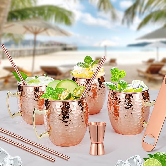 Amrules Moscow Mule Mugs Set of 4, 16 OZ Hammered Copper Cups with 304 Stainless Steel Lining and Gold Brass Handles, Includes Straws, Opener, Jigger, Brush, Fit for Cold Drinks, Bars, Parties - Image 2