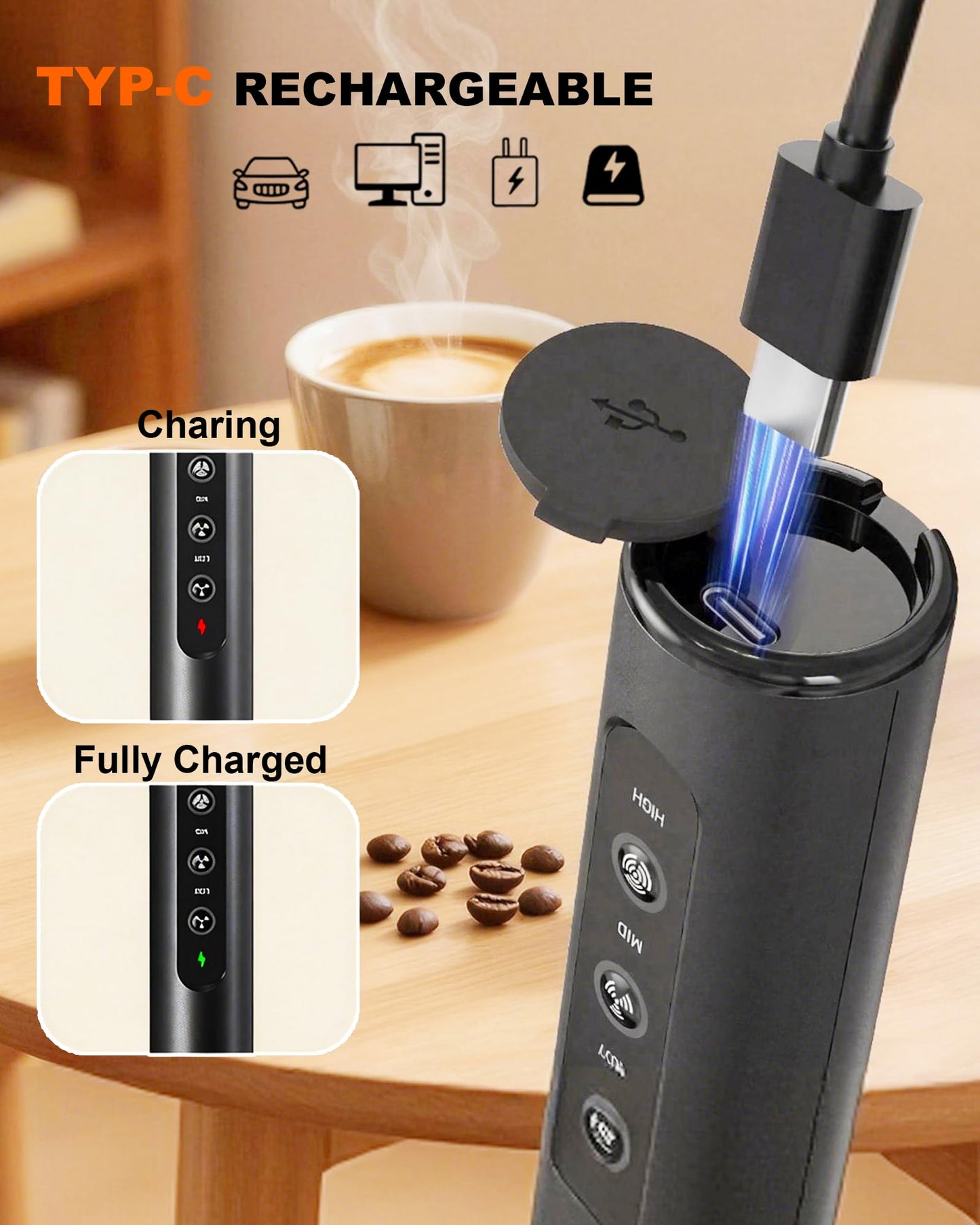 Rechargeable 3-Speed Milk Frother Wand (Black)