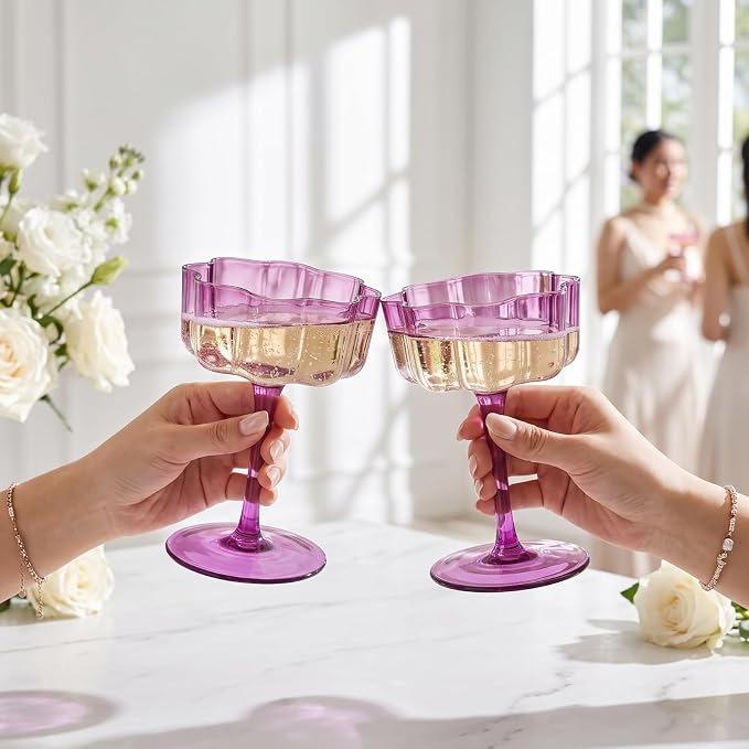 Khen Flower Vintage Wavy Glass Coupes Martini, Champagne & Cocktail Coupes - Set of 2-7oz Colorful Cocktail Glasses & Champagne, Prosecco, Mimosa Glassware Copyright Design - Amethyst Purple - Image 7