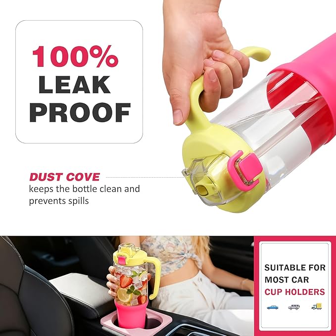 32 oz Glass Tumbler with Handle, 2-in-1 Straw and Sip Spout, Leakproof, BPA-Free Glass Water Bottle for Sports, Office, School, Bright Pink