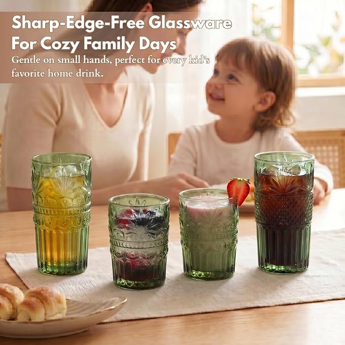 Green Drinking Glasses Set of 12, 12 Oz Highball & 10 Oz Cocktail Glasses, Green Kitchen Vintage Glassware Set, Floral Embossed Glass Tumbler Cups for Beer, Juice, Whiskey, Coffee(Crown) - Image 6