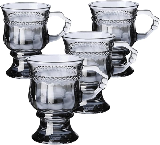 Vintage Irish Coffee Mugs, Crystal Clear Irish Coffee Glass with Handle, Footed Stem Base, Heat Resistant, Heavy Duty Cups for Hot Chocolate, Tea, Coffee, 4pcs gray