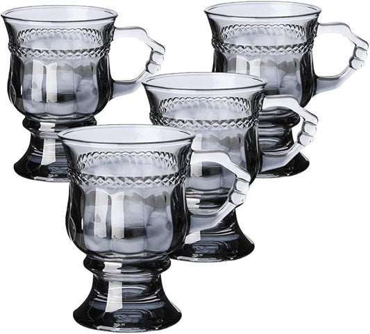 Vintage Irish Coffee Mugs, Crystal Clear Irish Coffee Glass with Handle, Footed Stem Base, Heat Resistant, Heavy Duty Cups for Hot Chocolate, Tea, Coffee, 4pcs gray