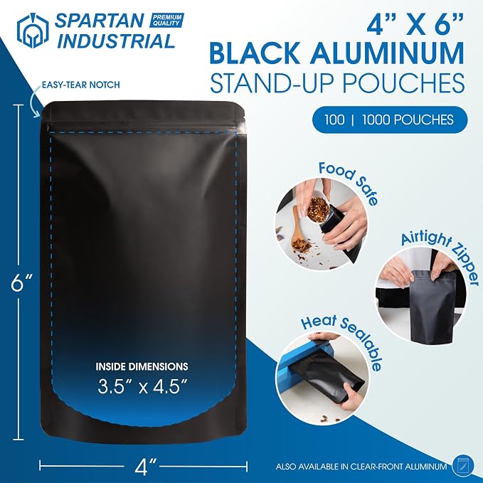 4" X 6" Matte Black Stand-Up Pouches - 100 Count Smell-Proof Mylar Bags | for Food Storage With Heat Sealable Opening and Resealable Zipper - Spartan Industrial - Image 2