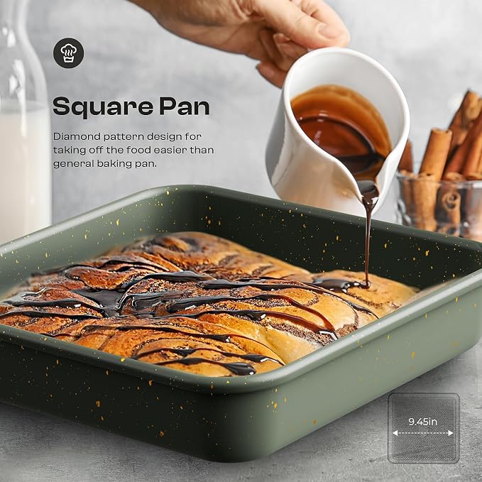 12-Piece Nonstick Baking Set, Non-Toxic Bakeware Set - Ceramic Coated Green | With Baking Sheet, Cake Pan, Square Pan, Loaf Pan, Roasting Pan, Muffin Pan, Cookie Sheet, Cooling Rack & Kitchen Utensilss - Image 6