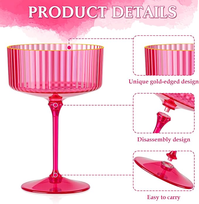 12 PCS Ribbed Coupe Glasses Hot Pink Plastic Champagne Coupe Cup 10oz Detachable Gold Rim Espresso Martini Glass Vintage Margarita Glassware Cocktail Glass Set for Valentine's Day Bachelorette Party - Image 6
