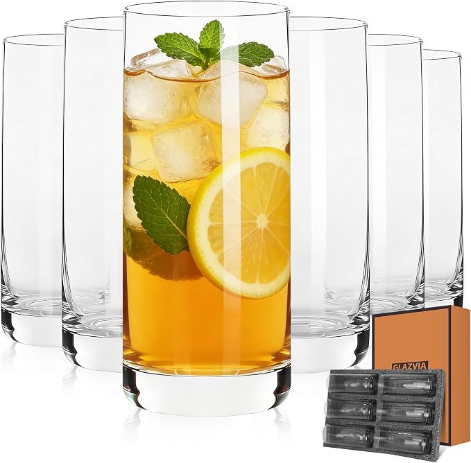 Highball Glasses Set of 6,13oz Clear Drinking Glass Cups for Mixed Drink Cocktail, Beer, Mojito, Water and Juice, Thick Tall Crystal Glassware for Kitchen, Restaurant, Home Bar and Parties by GLAZVIAElegantGlass