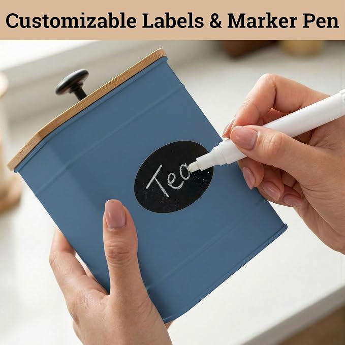 Kitchen Canisters for Countertop Set of 4 w/ Chalkboard Labels & Marker Pen | Airtight Easy Open Bamboo Lids, Dent-Resistant Thick Metal, Customizable Chalkboard Labels, Marker Pen Included, Set of 4 - Image 5