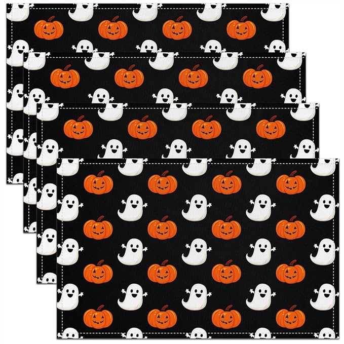 Feelyou Happy Halloween Placemats Set of 4 Pumpkin Lantern Table Mats for Party Kitchen Dining Decoration Holiday Seasonal Orange and White Place Mat for Dinner Table Indoor Outdoor 18"x12" Non-Slip by Feelyou