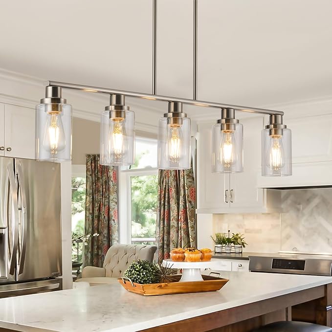 Kitchen Island Pendant Lighting, 5-Light Farmhouse Dining Room Light Fixture Over Table, Brushed Nickel Finish with Clear Glass Shade, Rustic Industrial Linear Chandelier for Kitchen Island - Image 2