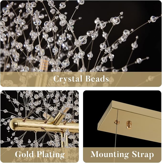 Modern Gold Crystal Firework Chandelier Linear Lighting Fixtures | 35.5" Sputnik Ceiling Light Fixture Rectangular Hanging Pendant Light for Kitchen Island Dining Room Living Room 12-Lights - Image 4