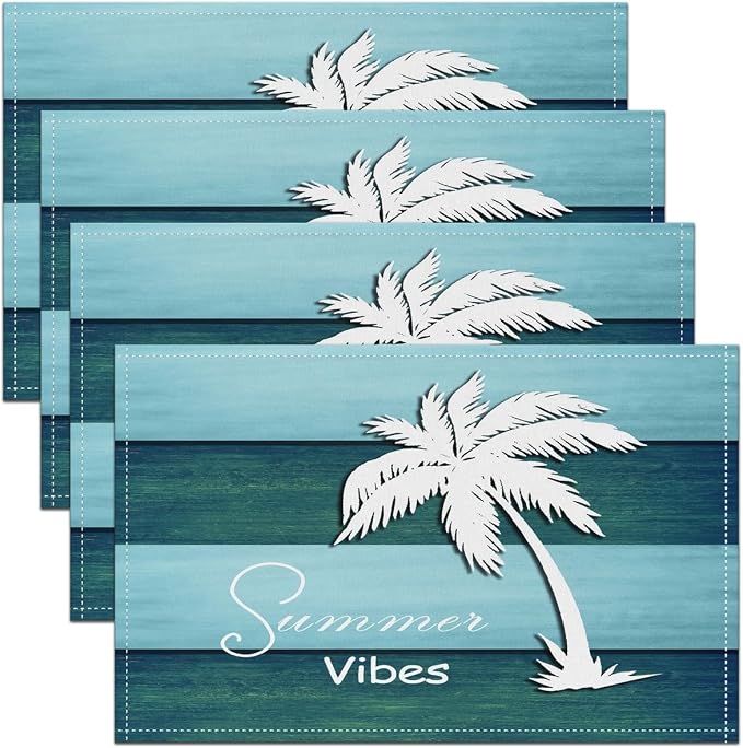Feelyou Ocean Placemats Set of 4 12"x18" Beach Theme Table Mats Placemat Room Decor Tropical Leaves Placemats for Dining Table Indoor Outdoor Kitchen Blue Green Decor Table Place Mats Leaf Pattern by Feelyou