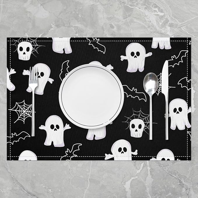 Feelyou Happy Halloween Placemats Set of 4 Cute Ghost Table Mats for Party Kitchen Dining Decoration Holiday Seasonal Black and White Place Mat for Dinner Table Indoor Outdoor 18"x12" Bats Cobweb - Image 2