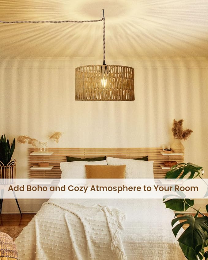 12.6 Inch Boho Hanging Light with Plug in Cord Rattan Hanging Lamp Hand Woven Rattan Wall Lightfor Bedroom, Living Room, Kitchen, Nursery, E26 Base, Indoor,Without Bulb - Image 5