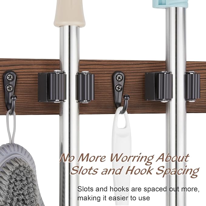OUTNILI 2 Pack Mop Broom Holder Wall Mount with 3 Slots & 4 Hooks - Rustic Wood Broom Mop Hanger for Pantry Kitchen Organization - Garden Tool Organizer for Closet Laundry Room - Image 4