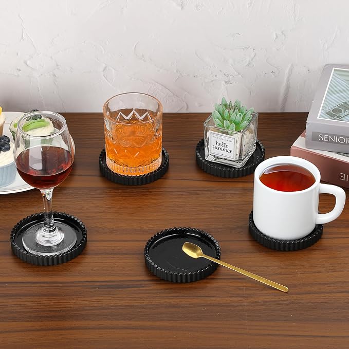 Glass Drink Coaster Set of 5- Coasters for Desk Coffee Table Black Coasters | Modern Round Cup Mats, Glass Coasters Coffee Table Decor for Kitchen, Bar, Dining Room, Living Room, Office - Image 2
