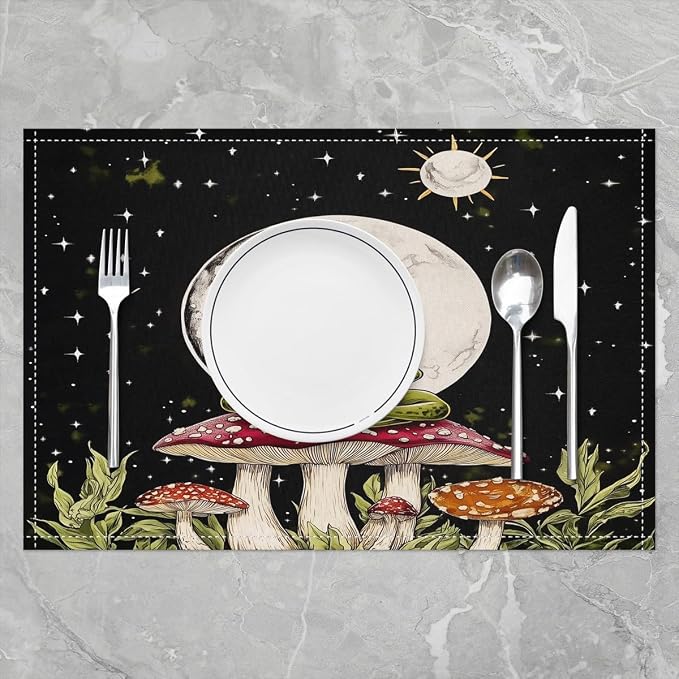 Feelyou Cute Frog Decor Table Place Mats 18"x12" Mushroom Decor Placemats Set of 4 Moon Placemat for Kitchen Dining Table Decor Indoor Outdoor Botanical Theme Decor Table Place Mats Wild Mushroom - Image 2