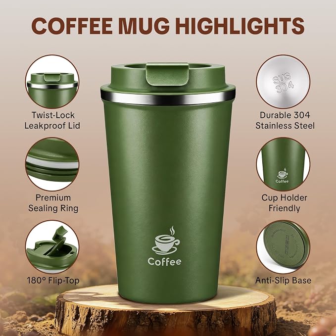 17oz Travel Coffee Mug ,Leakproof Vacuum Coffee Cup Insulated Tumbler | 304 Stainless Steel, Double-Wall Vacuum Insulated, Leakproof, Fits Hot & Cold Drinks Car Cup Holders, Travel, Office - Image 4