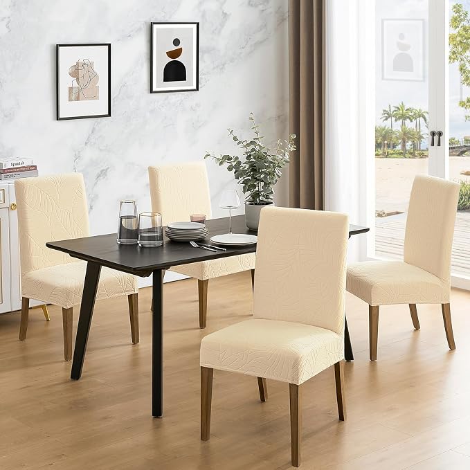 MOSAYT 100% Waterproof Dining Room Chair Covers Set of 4, Super Fit Stretch Jacquard Parson Chairs Slipcovers Removable Washable Chair Seat Protectors for Home, Kitchen, Banquet (Beige) - Image 2